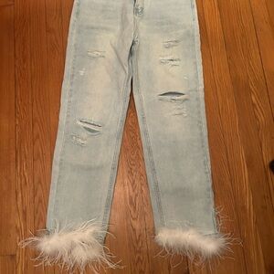 Distressed Light Blue Feather Hem Jeans